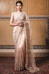 Buy_Tarun Tahiliani_Peach Tulle Leaf Neck Embroidered Saree With Blouse _at_Aza_Fashions