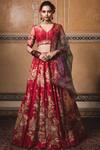 Buy_Tarun Tahiliani_Red Chanderi V Neck Lehenga Set _at_Aza_Fashions