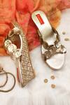 Buy_Essemm_Gold Sequins, Embroidery Cross Strap Floral Wedges _at_Aza_Fashions