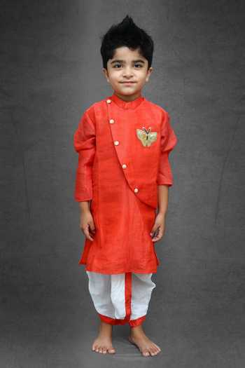 Shop_Kirti Agarwal - Pret N Couture_Red Satin, Embroidery Overlay Kurta And Dhoti Pant Set _at_Aza_Fashions