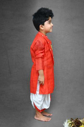 Kirti Agarwal - Pret N Couture_Red Satin, Embroidery Overlay Kurta And Dhoti Pant Set _Online_at_Aza_Fashions