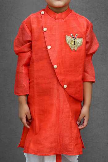 Shop_Kirti Agarwal - Pret N Couture_Red Satin, Embroidery Overlay Kurta And Dhoti Pant Set _Online_at_Aza_Fashions