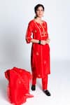 Buy_Label Earthen_Red Chanderi , Organza Kurta Set _at_Aza_Fashions