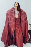 Buy_Pink Peacock Couture_Brown Dupion Pre-draped Saree Set_at_Aza_Fashions