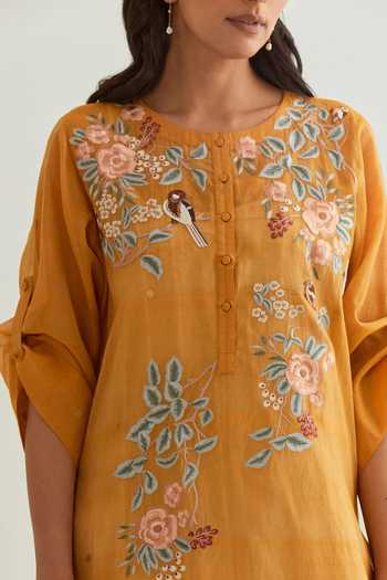 Prama By Pratima Pandey_Yellow Chanderi Embroidered Parsi Round Maxi Dress With Inner  _Online_at_Aza_Fashions