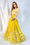 Shop_Maiti Shahani_Yellow Organza Embroidered Leather Work Overlay Crop Top Lehenga Set  _at_Aza_Fashions