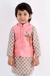 Shop_Lil Angels_Peach Muslin, Cotton Satin, Cotton, Silk Bundi And Floral Printed Kurta Set _Online_at_Aza_Fashions