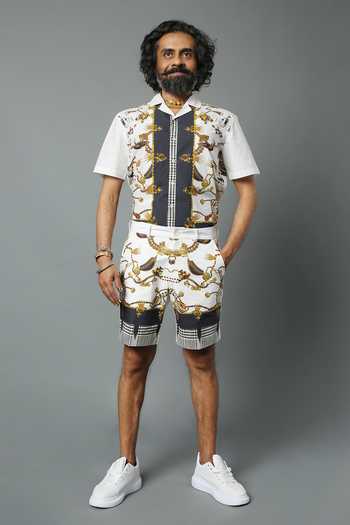Buy_House Of Three_White Cotton Poplin Jewel Dravida Print Shorts _at_Aza_Fashions