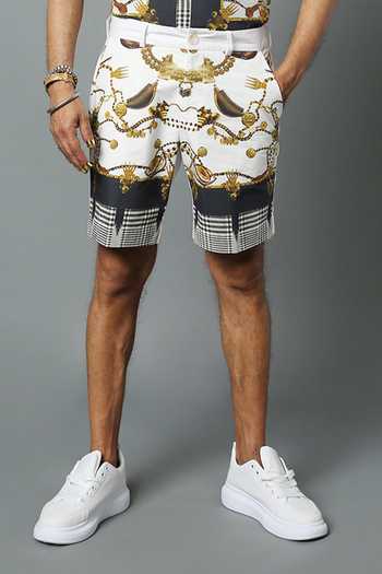 Shop_House Of Three_White Cotton Poplin Jewel Dravida Print Shorts _at_Aza_Fashions