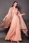 Vara By Vibha N Priti_Peach Georgette, Organza Beads, Embroidery Round Neck Sharara Set With Cape _Online_at_Aza_Fashions