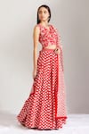 Label Earthen_Red Cotton Mal, Organza Silk V Neck Polka Dot Print Lehenga Set _Online_at_Aza_Fashions