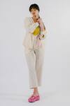 Tussah By Siddhi Shah_Off White , Handloom Patchwork V-neck Shirt And Pant Set _at_Aza_Fashions