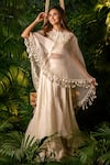 Pallavi Poddar_Ivory Dupion Embroidery Thread Round Rose Cape And Tiered Skirt Set _Online_at_Aza_Fashions