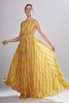 Buy_KoAi_Yellow Georgette Striped Maxi _at_Aza_Fashions