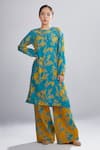 Shop_KoAi_Blue Chanderi Silk Floral Print Kurta _at_Aza_Fashions