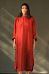 Buy_Shorshe Clothing_Red Handloom Mulberry Silk Band Collar Dress _at_Aza_Fashions