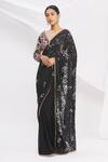 Buy_Rajat & Shraddha_Black Georgette Pre-draped Embroidered Saree  _at_Aza_Fashions