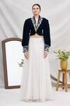 Buy_Ekta Singh_Blue Velvet V Neck Cropped Jacket And Skirt Set _Online_at_Aza_Fashions