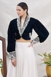 Ekta Singh_Blue Velvet V Neck Cropped Jacket And Skirt Set _at_Aza_Fashions