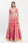 Neha Khullar_Pink Banarasi Silk V Neck Bridal Lehenga Set _Online_at_Aza_Fashions