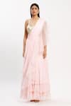 Buy_Neha Khullar_Peach Chiffon Organza V Neck Ruffle Pre-draped Saree  _Online_at_Aza_Fashions