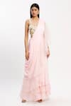 Shop_Neha Khullar_Peach Chiffon Organza V Neck Ruffle Pre-draped Saree  _Online_at_Aza_Fashions