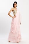 Neha Khullar_Peach Chiffon Organza V Neck Ruffle Pre-draped Saree  _Online_at_Aza_Fashions