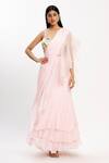 Buy_Neha Khullar_Peach Chiffon Organza V Neck Ruffle Pre-draped Saree  _at_Aza_Fashions