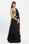 Buy_Neha Khullar_Black Chiffon Ruffle Pre-draped Saree_at_Aza_Fashions