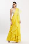 Buy_Neha Khullar_Yellow Chiffon Organza Square Neck Ruffle Pre-draped Saree  _at_Aza_Fashions