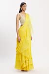 Neha Khullar_Yellow Chiffon Organza Square Neck Ruffle Pre-draped Saree  _Online_at_Aza_Fashions