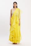 Buy_Neha Khullar_Yellow Chiffon Organza Square Neck Ruffle Pre-draped Saree  _Online_at_Aza_Fashions