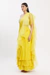 Shop_Neha Khullar_Yellow Chiffon Organza Square Neck Ruffle Pre-draped Saree  _Online_at_Aza_Fashions