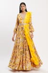Buy_Neha Khullar_Yellow Chiffon V Neck Printed Anarkali With Dupatta _at_Aza_Fashions