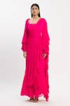 Neha Khullar_Pink Chiffon Square Neck Ruffle Saree With Embroidered Blouse _Online_at_Aza_Fashions