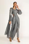 Buy_Masumi Mewawalla_Grey Dupion Draped Pant Saree Set_at_Aza_Fashions