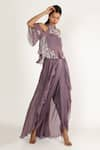 Buy_Masumi Mewawalla_Purple Dupion Cold Shoulder Cape Top And Dhoti Pant Set  _at_Aza_Fashions