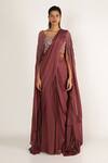 Pink Peacock Couture_Brown Dupion Pre-draped Saree Set_Online_at_Aza_Fashions