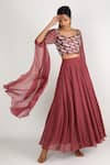 Buy_Masumi Mewawalla_Brown Dupion Draped Blouse And Skirt Set _at_Aza_Fashions