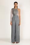 Buy_Masumi Mewawalla_Grey Dupion One Shoulder Jumpsuit  _at_Aza_Fashions