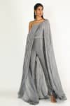 Buy_Masumi Mewawalla_Grey Dupion One Shoulder Cape Jumpsuit  _at_Aza_Fashions