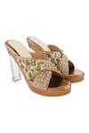 Buy_Leonish_Brown Embroidered Cross Strap Embellished Heels_at_Aza_Fashions