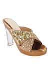 Leonish_Brown Embroidered Cross Strap Embellished Heels_Online_at_Aza_Fashions