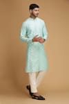 Chatenya Mittal_Blue Spun Silk Floral Motif Kurta And Pant Set _Online_at_Aza_Fashions