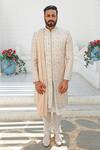 Buy_Vanshik_Peach Raw Silk Embroidered Sherwani And Kurta Set _at_Aza_Fashions