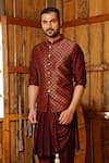 Vanshik_Maroon Silk Brocade Bundi And Draped Kurta Set _Online_at_Aza_Fashions