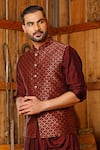 Buy_Vanshik_Maroon Silk Brocade Bundi And Draped Kurta Set _Online_at_Aza_Fashions