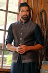 Vanshik_Blue Silk Brocade Bundi And Kurta Set _Online_at_Aza_Fashions