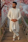 Buy_Vanshik_White Raw Silk Embroidered Sherwani Set _at_Aza_Fashions