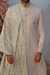 Vanshik_Pink Raw Silk Textured Sherwani Set _Online_at_Aza_Fashions